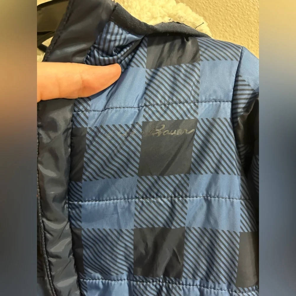 Eddie Bauer Baby Snowsuit Size 12 Months Blue Plaid Fleece Lined Warm Cozy